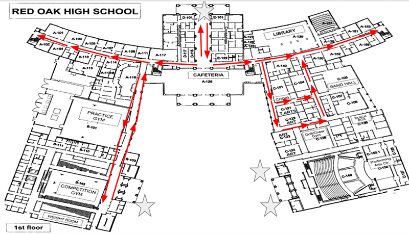 First floor map of high school showing entrances and hallway flow for arrival 