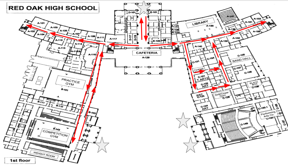 first floor map of high school showing hall directional transitions 