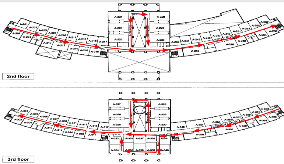 2nd & 3rd floor maps of high school showing hall directional transitions 